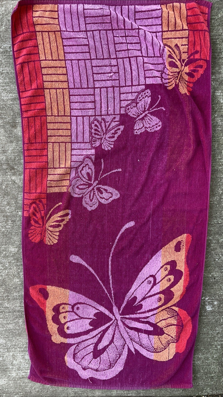 Vintage Beach Bath Pool Towel Butterflies Geo Print Multi Purple Cotton 49x23